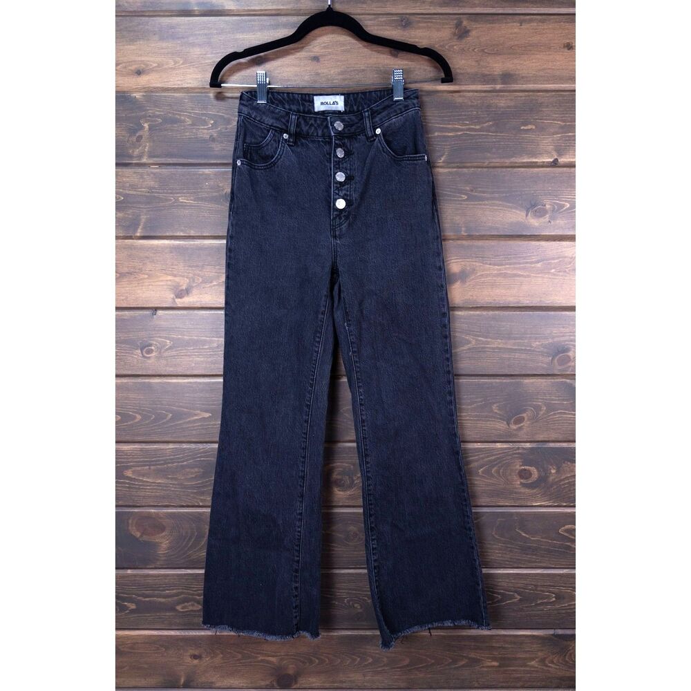 Rolla's Eastcoast Crop Flare Jeans Black Size 24 High Rise Button Fly Raw Hem